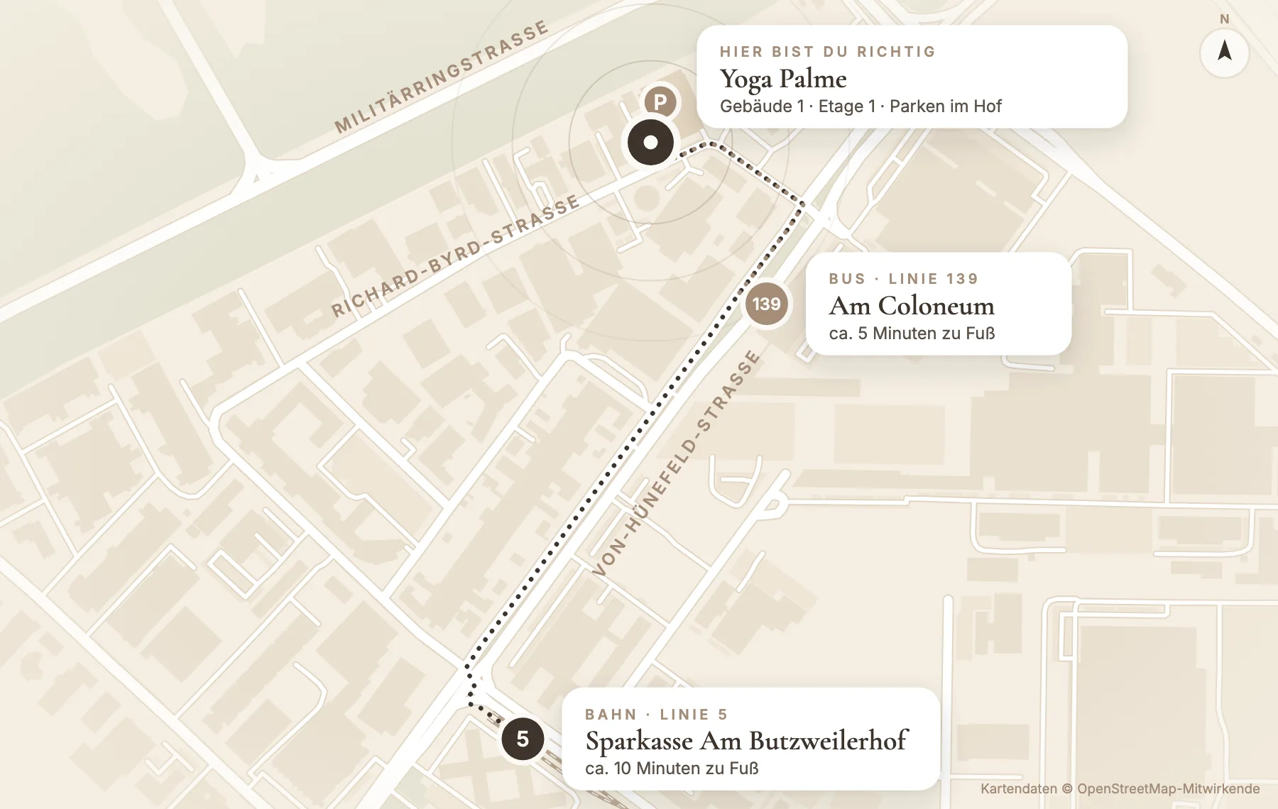 Karte: Yoga Palme in der Richard-Byrd-Straße 43, Fußweg von der Bahnhaltestelle Sparkasse Am Butzweilerhof (Linie 5, etwa 10 Minuten) und von der Bushaltestelle Am Coloneum (Linie 139, etwa 5 Minuten)