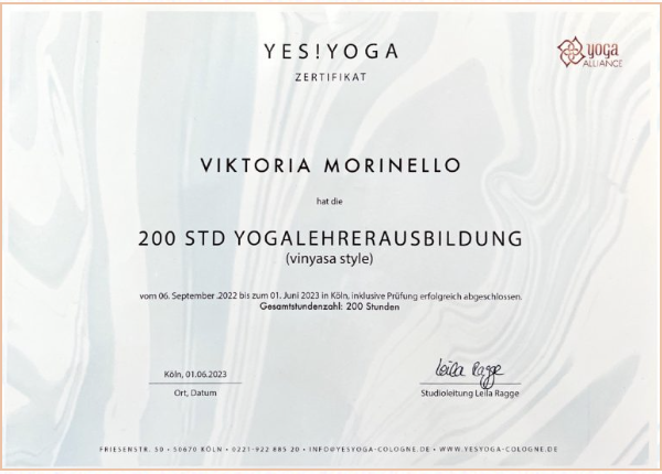 Zertifikat 200 Std Yogalehrerausbildung Vinyasa Style